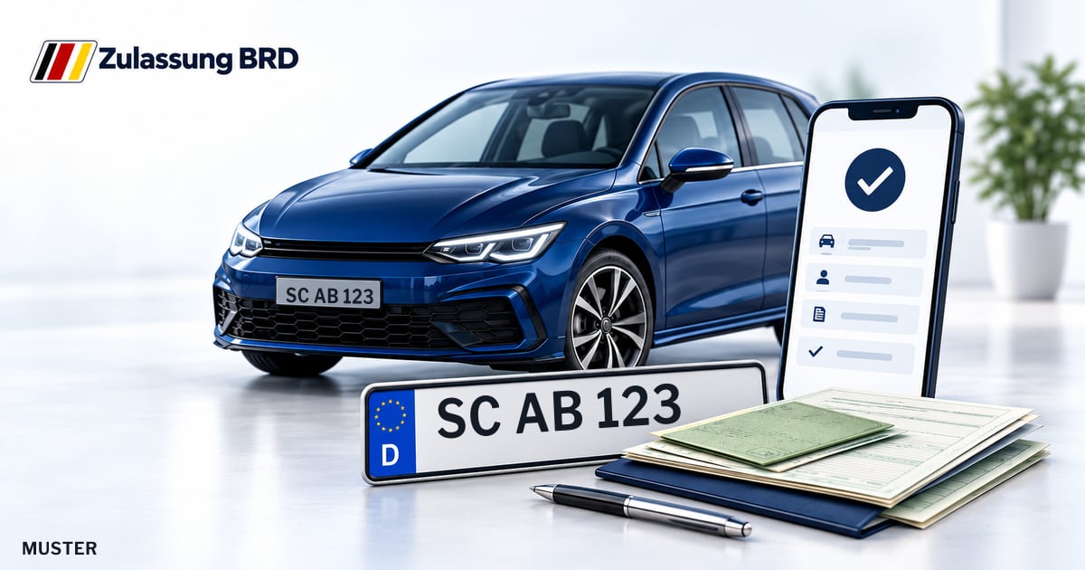 Online Fahrzeugzulassung in Schwabach: Musterkennzeichen SC AB 123, Auto und Fahrzeugpapiere und Smartphone. Illustration mit Logo von Zulassung BRD.
